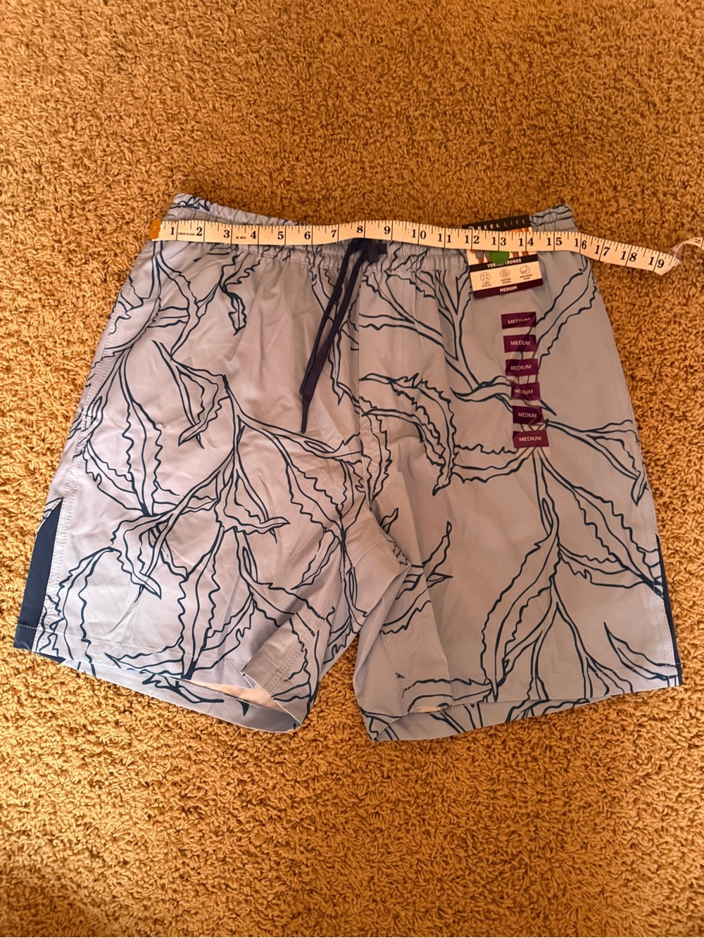Men's Light Blue Leaf-Print Swim Trunks